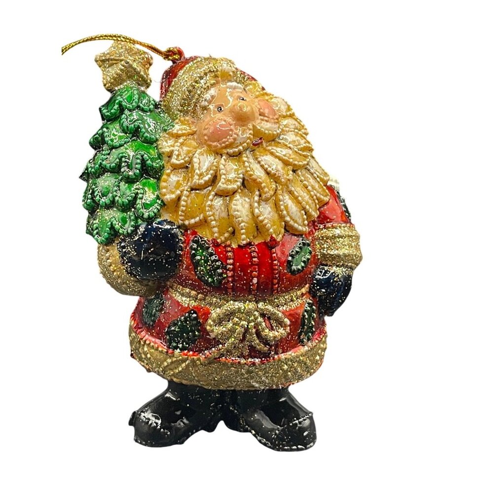 Folk Art Santa w/ Wreath Christmas Glossy Plastic Ornament 5”